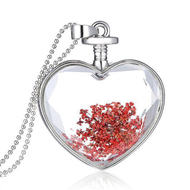 necklaces WG1382 Dried Flowers Vintage Long Chain Crystal Heart Pendant Necklace
