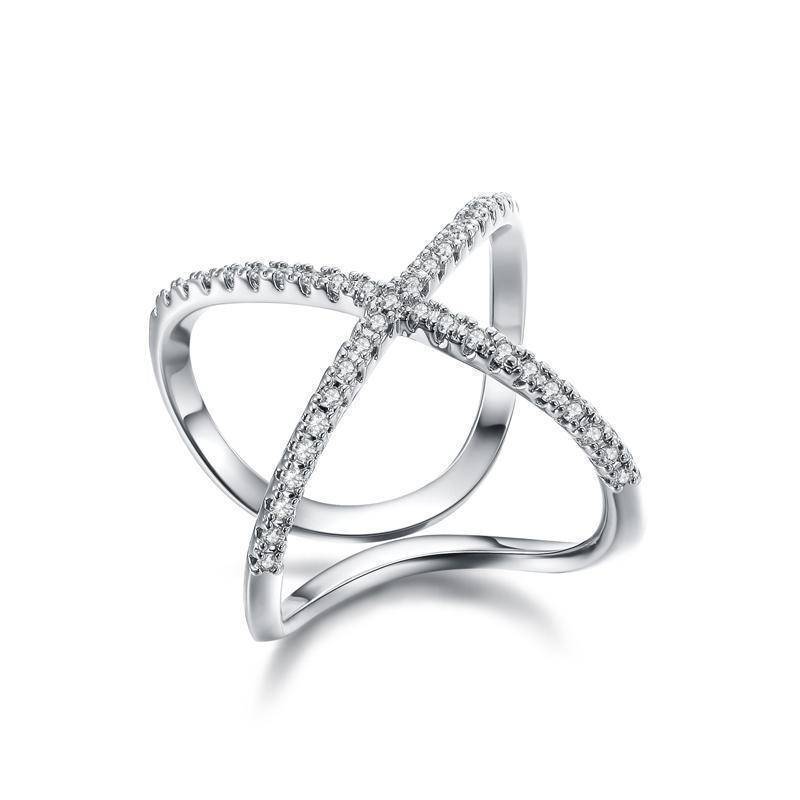 Rings 5.5 / Silver X Ring Adjustable Micro Paved Zirconia Cross Open Ring