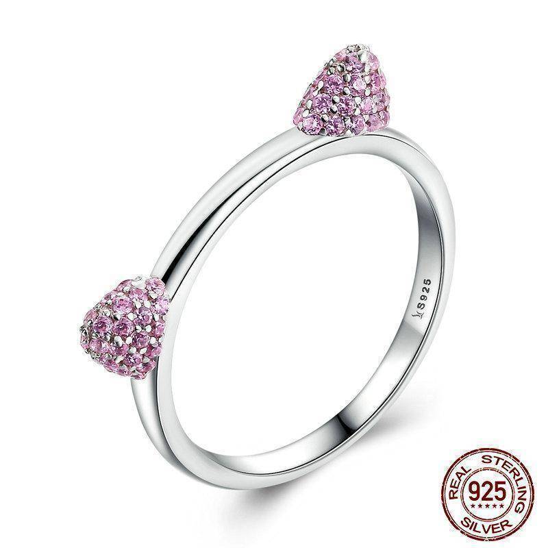 925 Sterling Silver Cute Cat Ears Pink CZ Ring