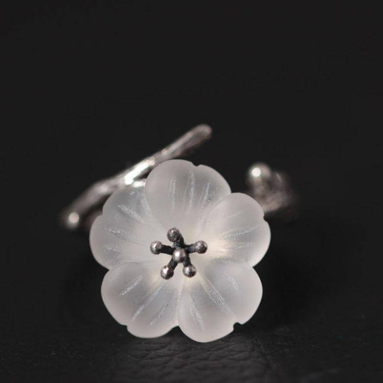 925 Sterling Silver White Crystal Astilboides Tabularis Flowers Open Rings For Women Vintage Style Lady Sterling-silver-jewelry