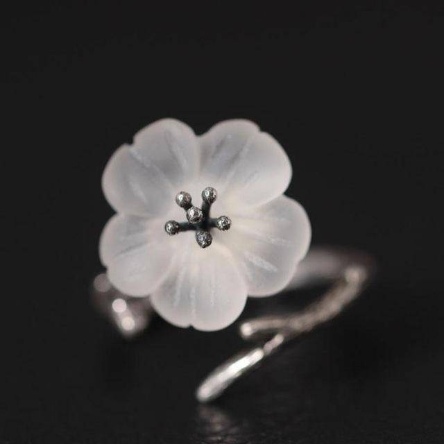 925 Sterling Silver White Crystal Astilboides Tabularis Flowers Open Rings For Women Vintage Style Lady Sterling-silver-jewelry