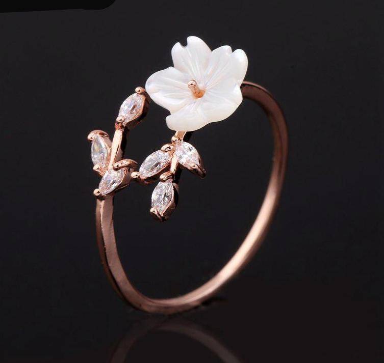Rings Open Ring rose gold women Delicate Zircon Crystal Leaf Shell Flower