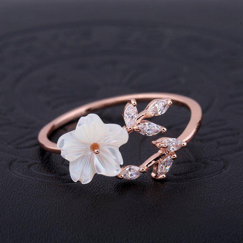 Rings Open Ring rose gold women Delicate Zircon Crystal Leaf Shell Flower