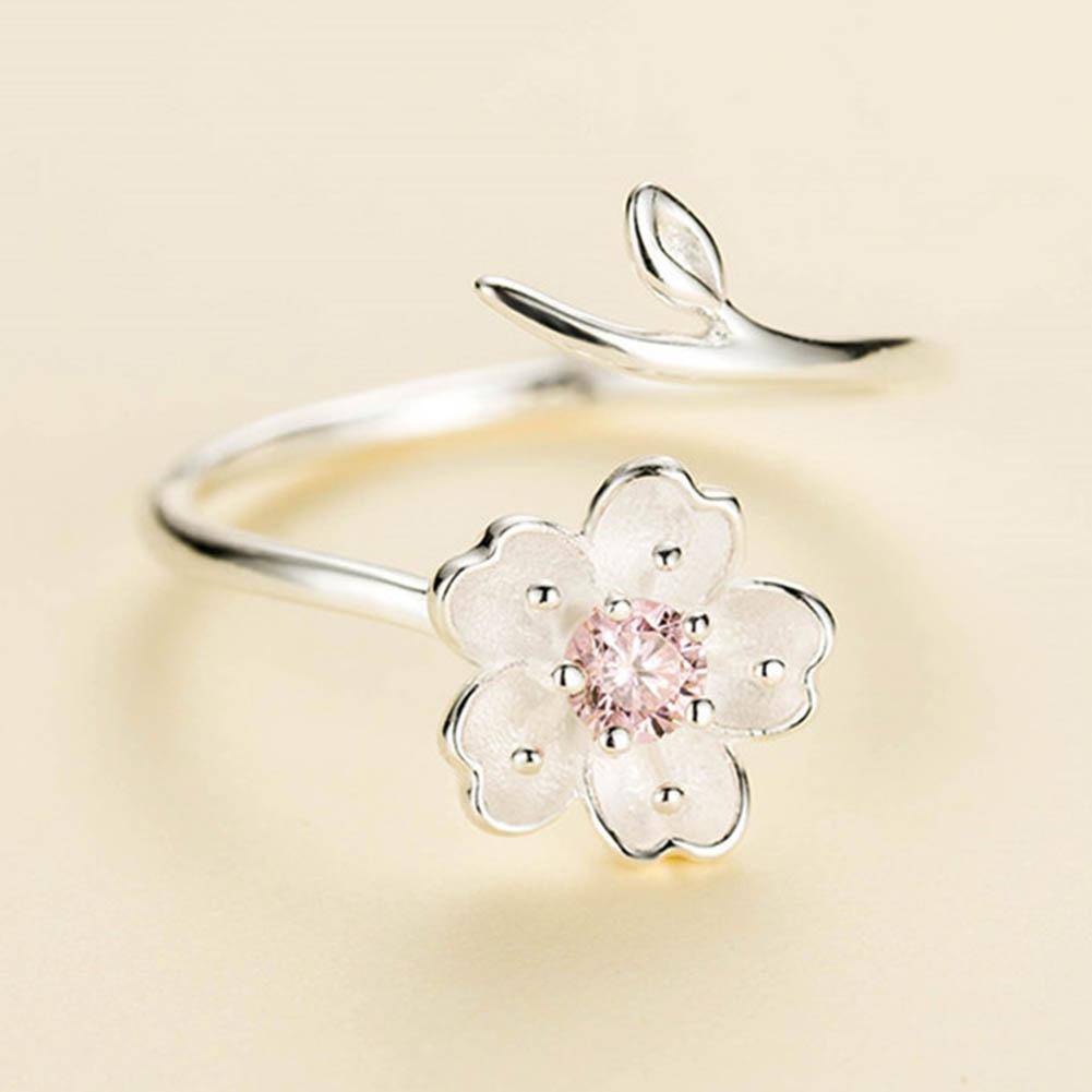 Rings Pink Silver Color Poetic Daisy Cherry Blossom Finger Ring