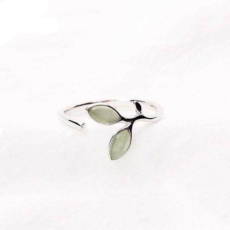 rings Resizeable Open Ring, Green Opal leaf, 925 Sterling Silver