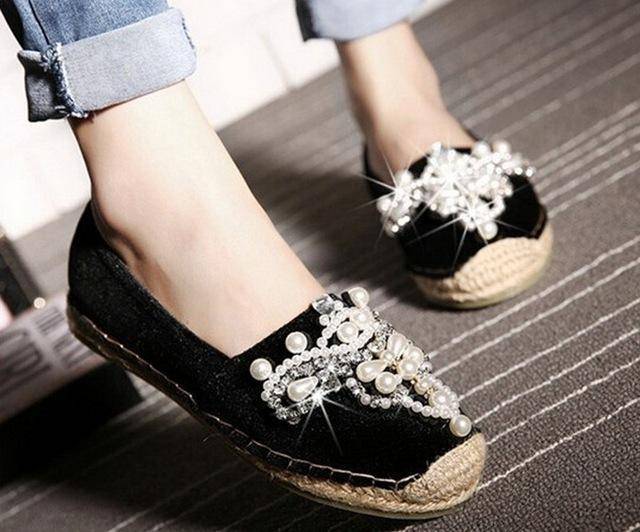 shoes black / 4.5 Spring Faux Pearl loafers Rhinestone hemp straw flat