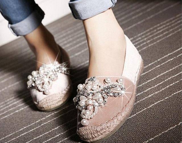 shoes Pink / 4.5 Spring Faux Pearl loafers Rhinestone hemp straw flat