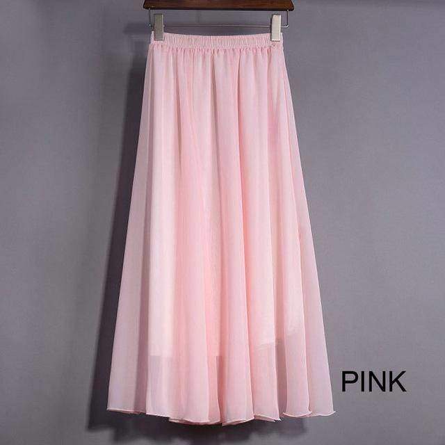 Skirts Pink / M M- XL, Fits 22" - 39", 22 Colors , Elegant High Waist Long Chiffon Skirt, Elastic Waist Maxi Skirts (80/90/100cm)