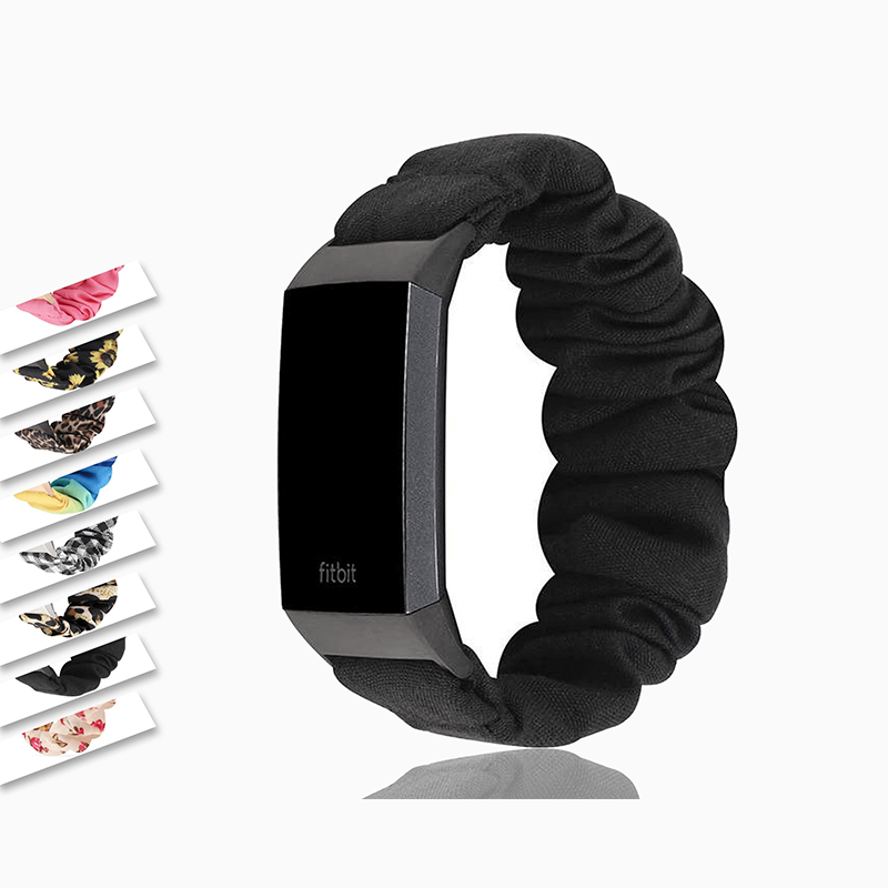 Watchbands Fitbit Charge 4 3 Black Solid Color Nylon Cotton Stretch Watchband Scrunchies Strap, Scrunchy Soft Elastic Sport Bracelet Men Women Unisex