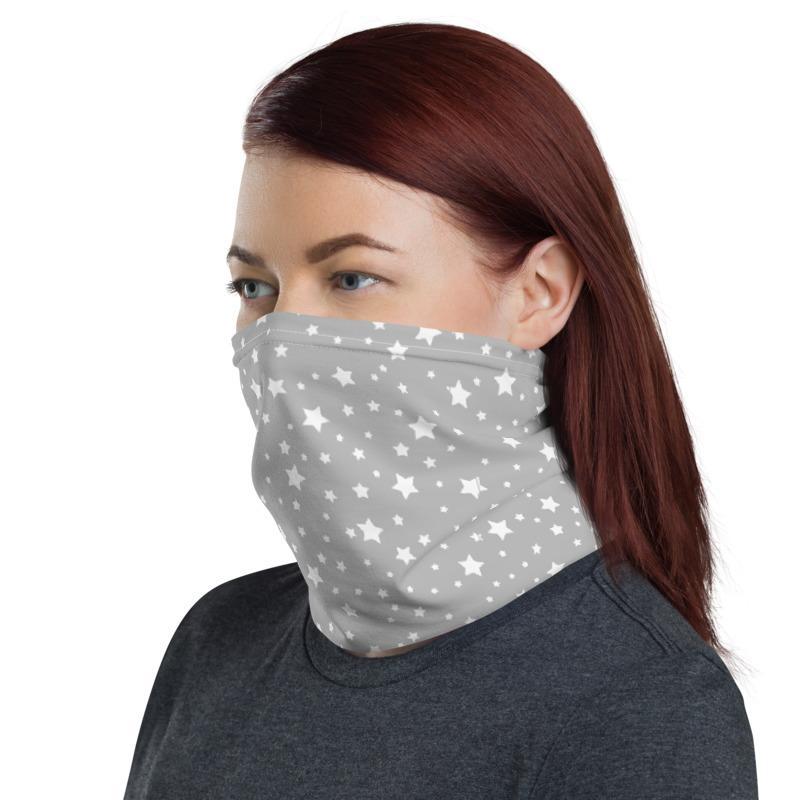 White gray Stars pattern design multi-use neck gaiter face mask cover headband wrap head wear beanie bandanna hood, gift for him her unisex