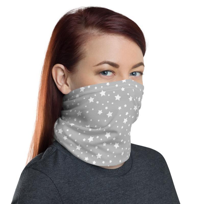 White gray Stars pattern design multi-use neck gaiter face mask cover headband wrap head wear beanie bandanna hood, gift for him her unisex