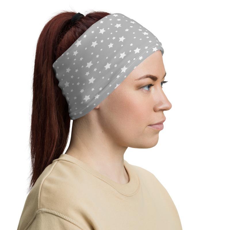 White gray Stars pattern design multi-use neck gaiter face mask cover headband wrap head wear beanie bandanna hood, gift for him her unisex