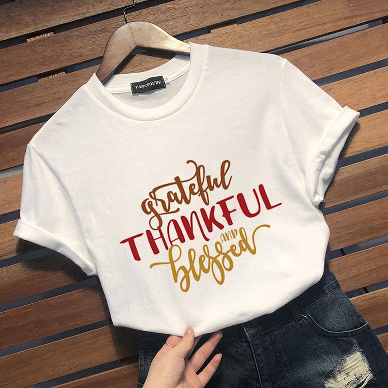 T-Shirts Thanksgiving Tee GRATEFUL THANKFUL BLESSED Tshirt Women Tees Female Short Sleeve Letter Printed Tops