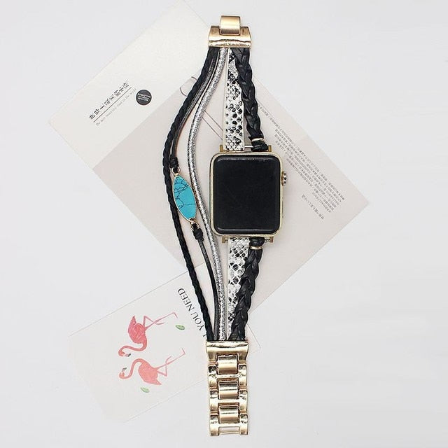 Bohemia Strap For Apple Watch Series 7 Band 41/45mm 38 42 40 44mm Luxury Women Diamond Leather Bracelet Iwatch 5 4 3 6 Se - Watchbands