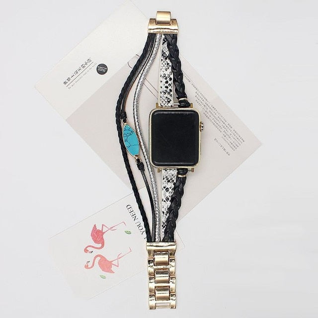 Bohemia Strap For Apple Watch Series 10 9 8 7 Band 41/45mm 38 42 40 44mm Luxury Women Diamond Leather Bracelet Iwatch 5 4 3 6 Se - Watchbands