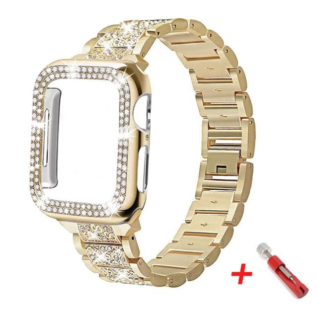 Watchbands gold 2 / 38mm Diamond Case+strap for iwatch band 42mm 38mm Stainless Steel bracelet correa apple watch 5 4 3 2 case+apple watch band 44mm 40mm|Watchbands|