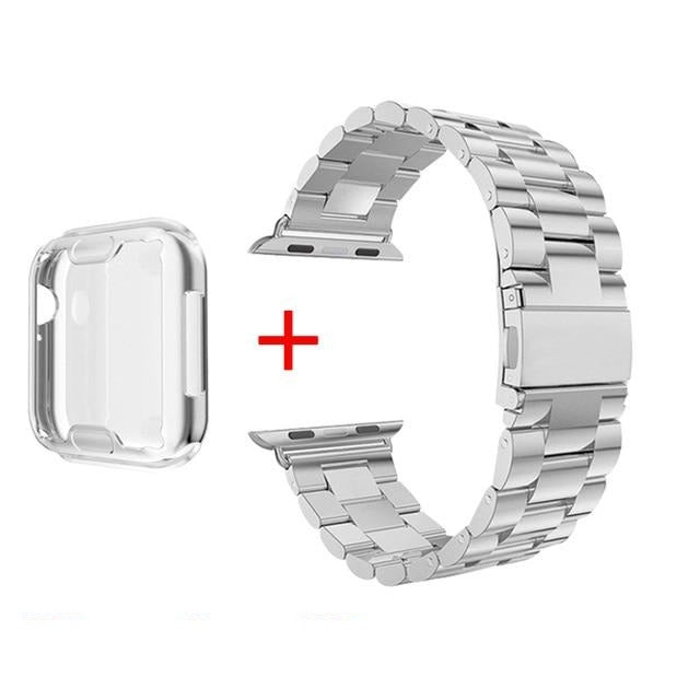 Watchbands Silver Case-Silver / 38mm Case+Strap For Apple Watch band 42mm 38mm Correa Stainless Steel Bracelet band For Apple Watch 44mm 40mm SE Series 6 5 4 3 2 1|Watchbands|