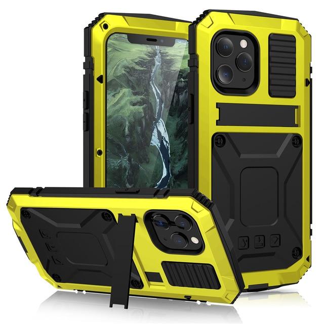 Fitted Cases For iPhone X / Yellow Kickstand Phone Case For iPhone 12 Pro Max XS Max XR Dustproof Shockproof Tempered glass Metal Cover For iPhone 12 Mini 11 Pro|Fitted Cases|