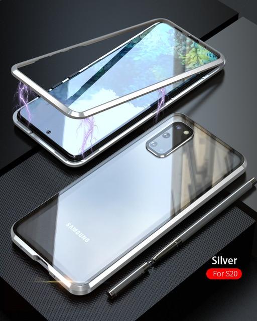 Phone Case & Covers for Samsung S20 / Silver Luxury Magnetic Adsorption Back Cover for Samsung Galaxy S20 Ultra S20 Plus Tempered Glass Built in Magnet Metal Bumper Case|Phone Case & Covers|