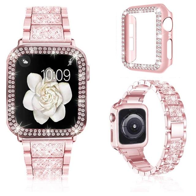 Watchbands Pink band- case / 38mm Women Strap For Apple Watch Band 38mm 40mm 42mm 44mm Jewelry Bling Diamond Band+Protective Case for iWatch SE Series 6 5 4 3 2|Watchbands|
