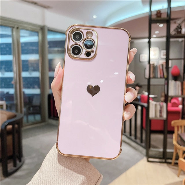 Electroplated Love Heart Soft Phone Case For iPhone 13 12 11 Pro Max XS X XR 7 8 Plus 13 12 Mini SE 2020 Shockproof Bumper Cover|Phone Case & Covers|