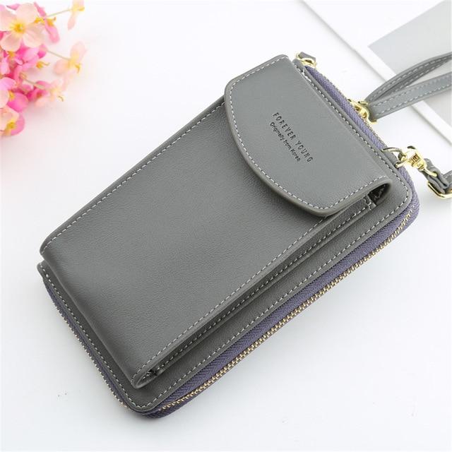 Top-Handle Bags dark grey New Women Purses Solid Color Leather Shoulder Strap Bag Mobile Phone Big Card Holders Wallet Handbag Pockets for Girls|Top-Handle Bags|