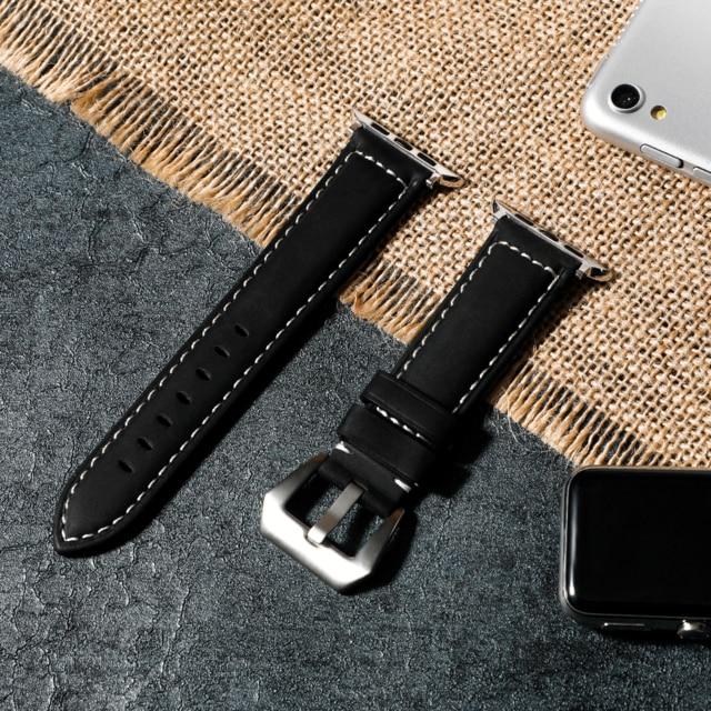 Watchbands black-Silver / 38mm or 40mm Genuine Leather strap For Apple Watch Band 44 mm 40mm iWatch band 38 mm 42mm Retro watchband pulseira Apple watch series 5 4 3 2|Watchbands|