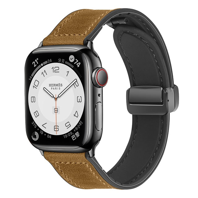 Genuine Leather Strap For Apple Watch Band 44mm 45mm 49mm 42mm 41mm 40mm Silicone Magnetic Buckle Bracelet iWatch 5 6 7 8 Ultra