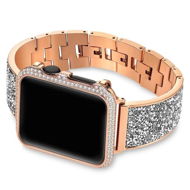 Watchbands Rose-gold / 38mm Luxury Diamond Case+strap For Apple Watch band 44mm 40mm 38mm 42mm cover iWatch Series 6 SE 5 4 3 Stainless Steel bracelet women|Watchbands|