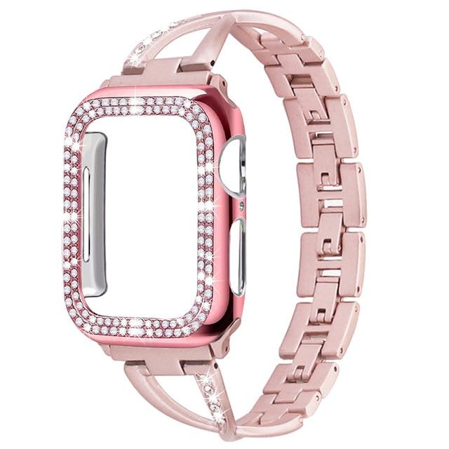 Watchbands rose pink / 38mm Case+Strap for apple watch 5 band 44mm 40mm stainless steel correa pulesira apple watch 4 3 2 iwatch band 42mm 38mm+diamond case|Watchbands|