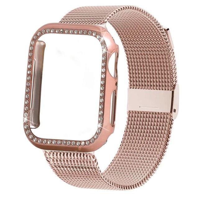Watchbands rose gold / For apple watch 38mm Bling Case+strap for Apple Watch band 44 mm 40mm iWatch band 42mm 38mm stainless steel bracelet Milanese loop Apple watch 4 3 21|Watchbands|
