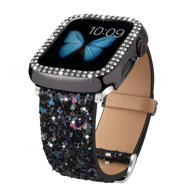 Strap For Apple Watch band 38mm Leather Bling band with case for iwatch Series 6 se 5 4 3 2 Bracelet Shiny Glitter correa|Watchbands|