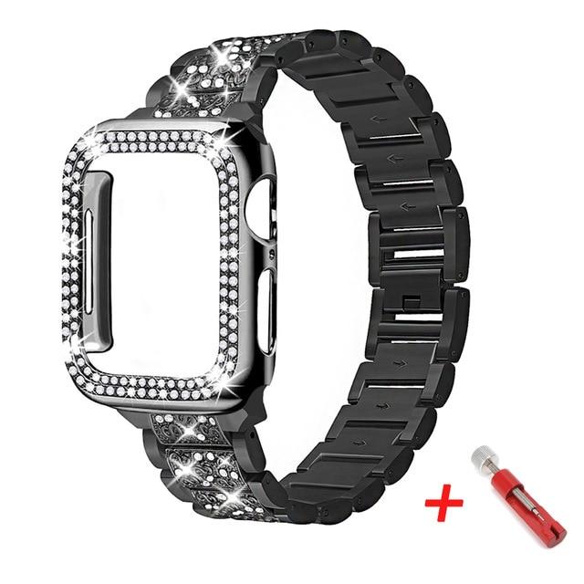 Watchbands black 2 / for apple watch 38mm Diamond Case+strap for iwatch band 42mm 38mm Stainless Steel bracelet correa case+for apple watch band series 5 4 3 44mm 40mm|Watchbands|