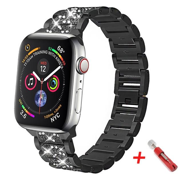 Watchbands black 1 / 38mm Diamond Case+strap for iwatch band 42mm 38mm Stainless Steel bracelet correa case+for apple watch band series 5 4 3 44mm 40mm|Watchbands|