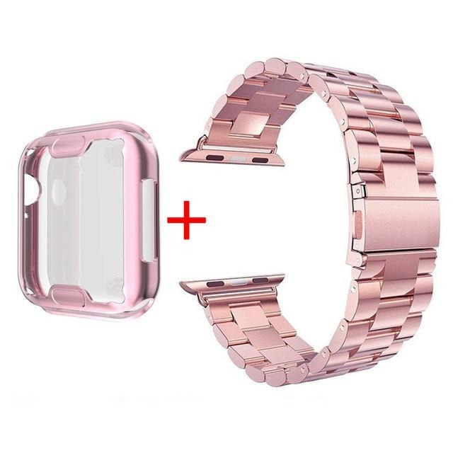 Watchbands rose pink-rose pink / 38mm Case+Strap For Apple Watch band 42mm 38mm Correa Stainless Steel Bracelet band For Apple Watch 44mm 40mm SE Series 6 5 4 3 2 1|Watchbands|
