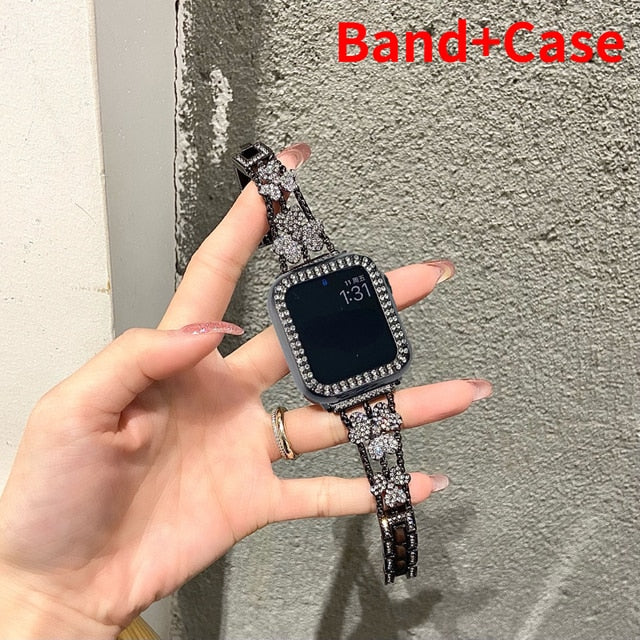 Diamond Stainless Steel Chain Strap+case For Apple Watch 40mm 44 42mm 38mm Bracelet For Iwatch 7 6 Se 5 41 45mm Luxury Watchband - Watchbands