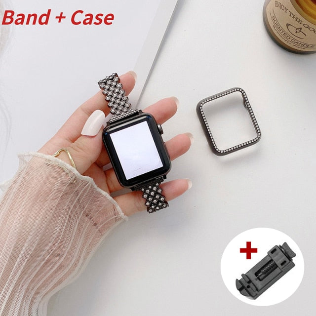 Woman Metal Premium Steel for Apple Watch band+case Series 6 5 4 Luxury Diamond Bracelet iWatch 38mm 40mm 41mm 42mm 44mm 45mm Wristband