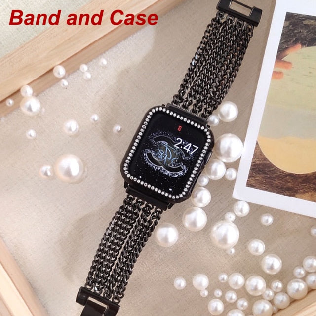Metal Band with Diamond Cover for Apple Watch Series 7 6 5 Premium Steel Strap iWatch 38mm 40mm 41mm 42mm 44mm 45mm Link Bracelet|Watchband|