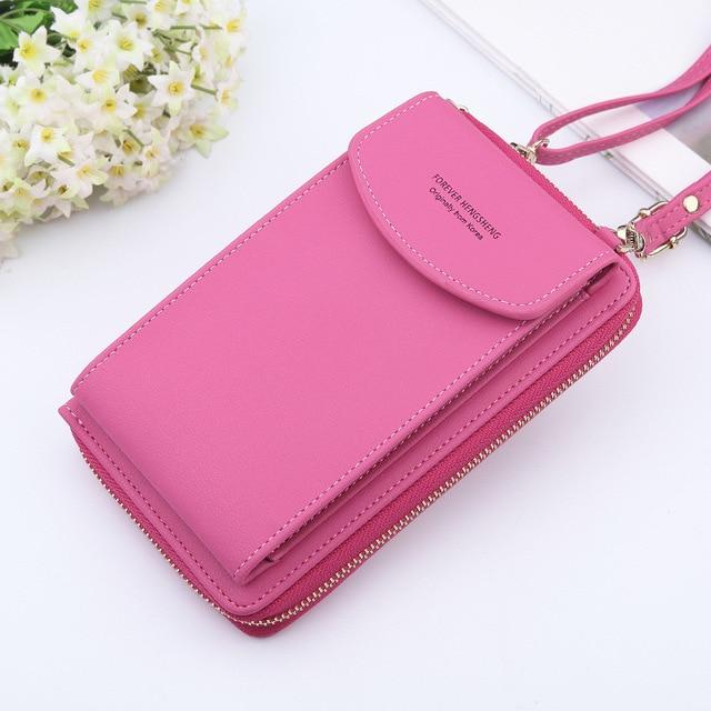 Top-Handle Bags rose red New Women Purses Solid Color Leather Shoulder Strap Bag Mobile Phone Big Card Holders Wallet Handbag Pockets for Girls|Top-Handle Bags|