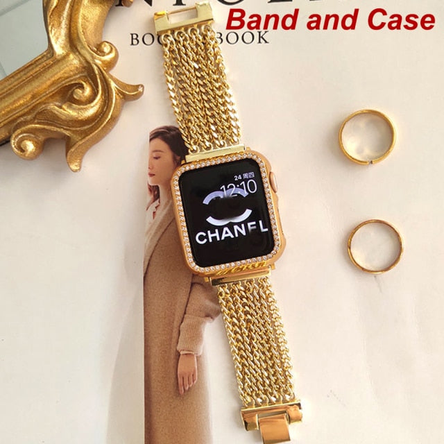 Metal Band with Diamond Cover for Apple Watch Series 7 6 5 Premium Steel Strap iWatch 38mm 40mm 41mm 42mm 44mm 45mm Link Bracelet|Watchband|