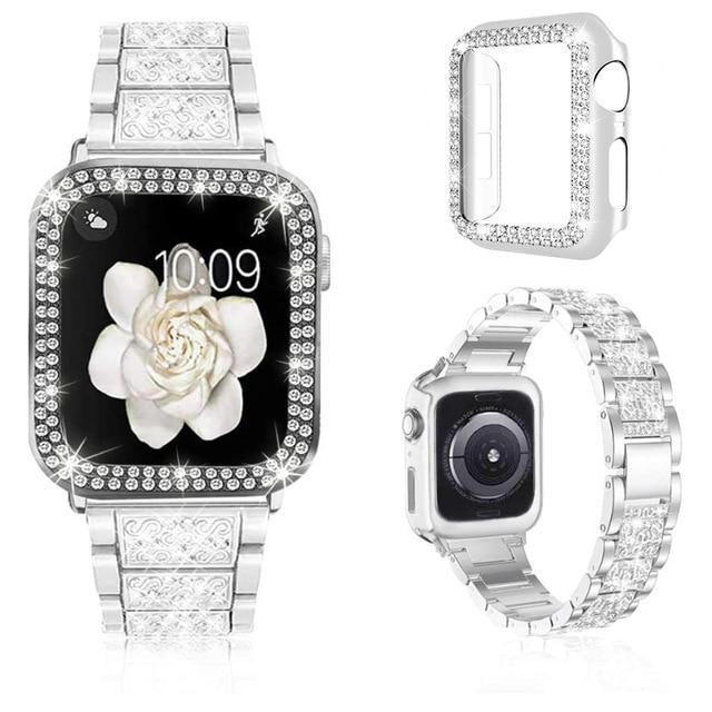 Watchbands silver band-case / 38mm Women Strap For Apple Watch Band 38mm 40mm 42mm 44mm Jewelry Bling Diamond Band+Protective Case for iWatch SE Series 6 5 4 3 2|Watchbands|