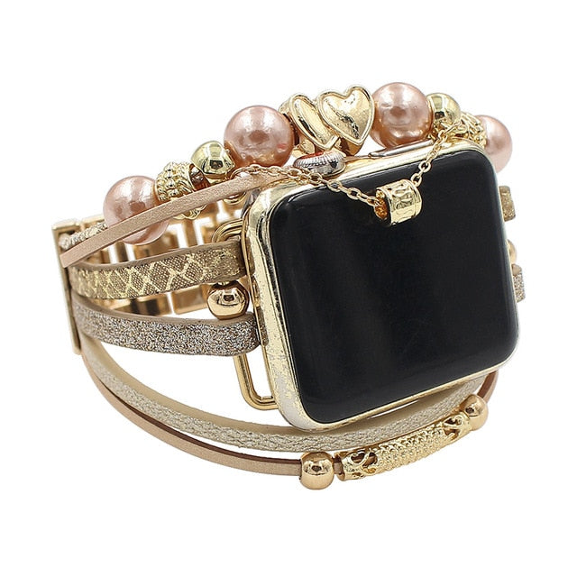 Bohemia Strap For Apple Watch Series 7 Band 41/45mm 38 42 40 44mm Luxury Women Diamond Leather Bracelet Iwatch 5 4 3 6 Se - Watchbands