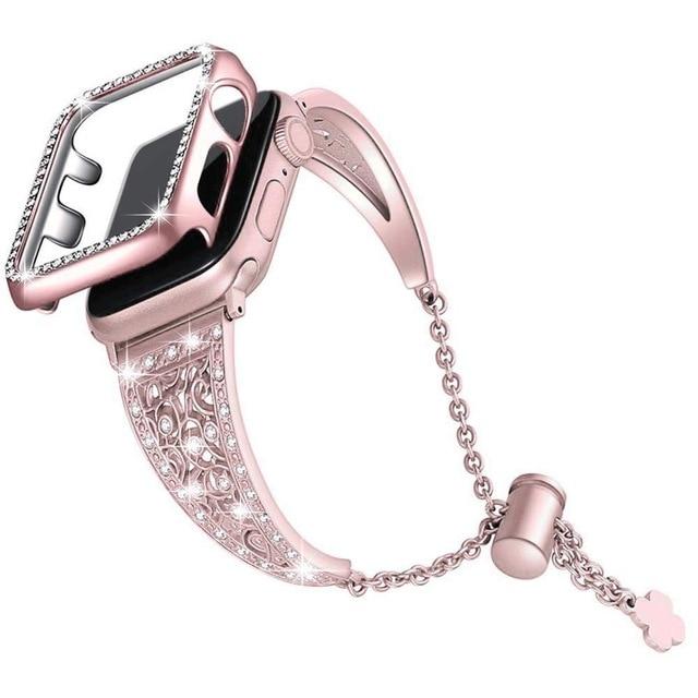 Watchbands Rose-pink / 38mm Band for Apple Watch 3 38mm 42mm Diamond Stainless Bracelet Wristband Starp+Case For Apple Watch SE Band 40mm 44mm Series 6 5 4|Watchbands|