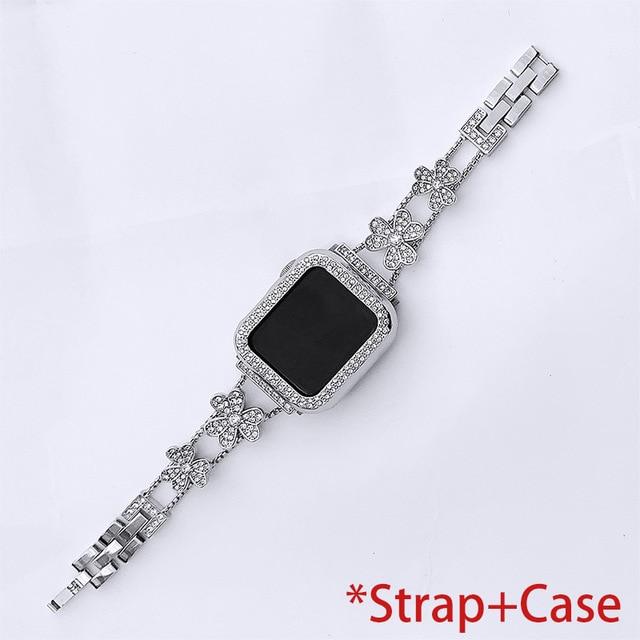 Watchbands silver / For 38MM and 40MM Diamond Stainless Steel Strap +Case for Apple Watch Band 42mm 38mm Women Wristband Bracelet for IWatch 40mm 44mm Series 6 SE 5 4|Watchbands|