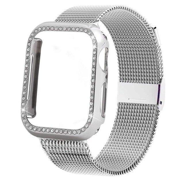 Watchbands silver / For apple watch 38mm Bling Case+strap for Apple Watch band 44 mm 40mm iWatch band 42mm 38mm stainless steel bracelet Milanese loop Apple watch 4 3 21|Watchbands|