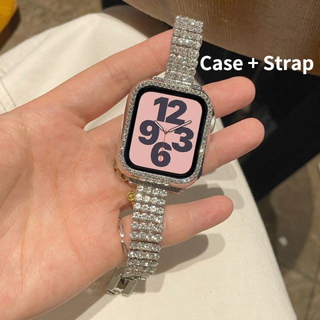 Diamond Strap+Case For Apple Watch Band Series 7 6 5 4 Luxury Bracelet Quality Steel Strap iWatch 38mm 40mm 41mm 42mm 44mm 45mm |Watchbands|
