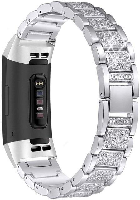 Watchbands silver Fitbit Charge 3/4 Bling Diamond Luxury Bracelet for Women Sparkling Steel Strap Wristwatch band Accessories Watchband Feminine Smartwatch