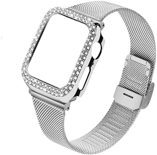 Strap & bling Case For Apple Series 8 7 44mm 45mm Milanese Steel Metal
