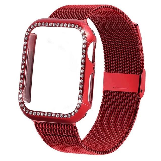 Watchbands red / For apple watch 38mm Bling Case+strap for Apple Watch band 44 mm 40mm iWatch band 42mm 38mm stainless steel bracelet Milanese loop Apple watch 4 3 21|Watchbands|