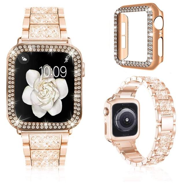 Watchbands rose gold band- case / 38mm Women Strap For Apple Watch Band 38mm 40mm 42mm 44mm Jewelry Bling Diamond Band+Protective Case for iWatch SE Series 6 5 4 3 2|Watchbands|